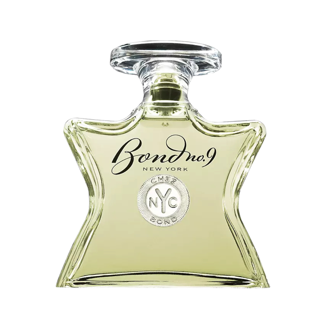 A transparent, travel-sized decanter of Bond No. 9 Chez Bond fragrance, with black label and cap.
