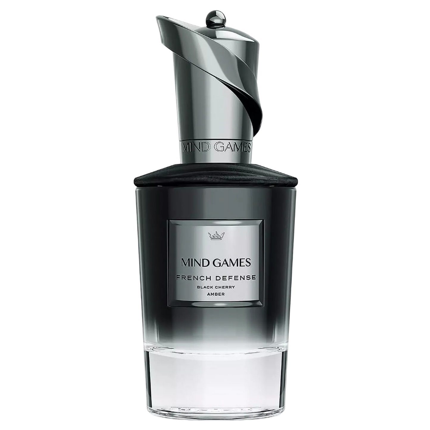 A sleek, modern decanter of Mind Games French Defense fragrance, with a dark label and a metallic cap.