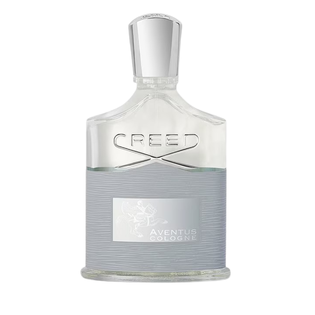 A white, glass decanter of Creed Aventus Cologne fragrance with a label and a stopper.