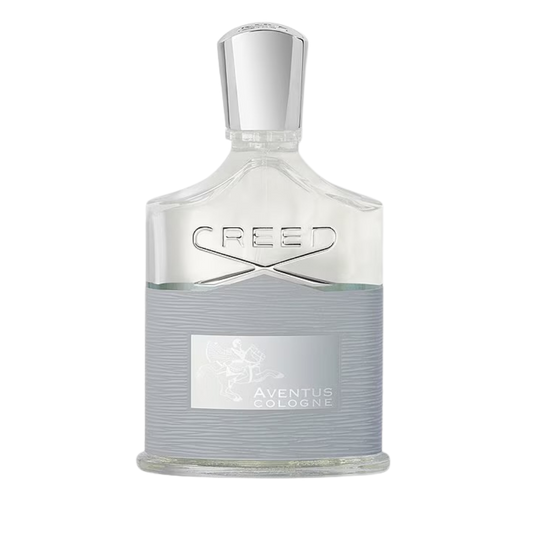 A white, glass decanter of Creed Aventus Cologne fragrance with a label and a stopper.