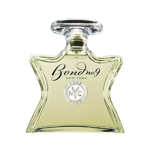 A transparent, travel-sized decanter of Bond No. 9 Chez Bond fragrance, with black label and cap.