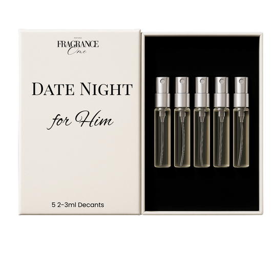 Set of perfume decants with a box labeled 'Date Night for Him' on a white background