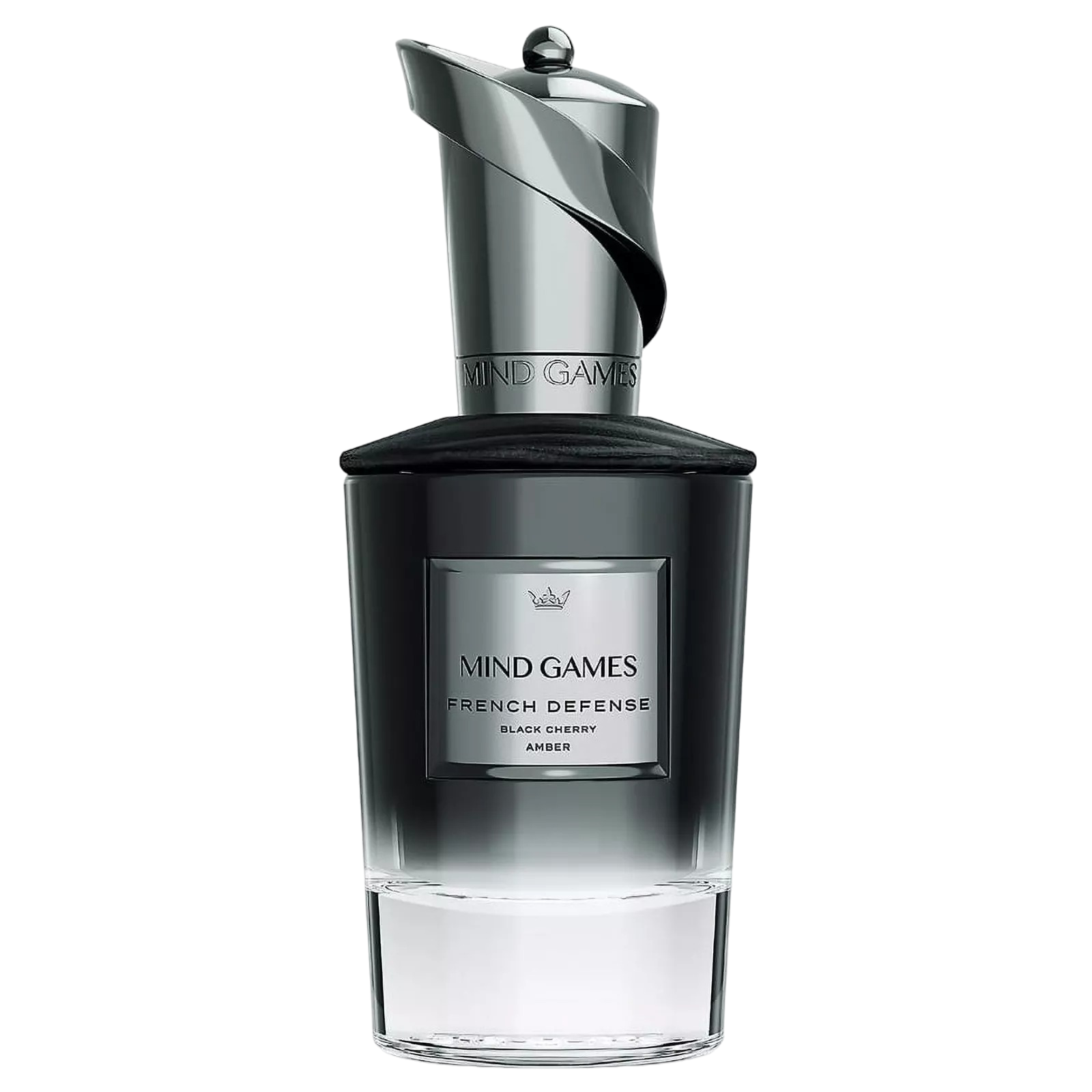 A sleek, modern decanter of Mind Games French Defense fragrance, with a dark label and a metallic cap.