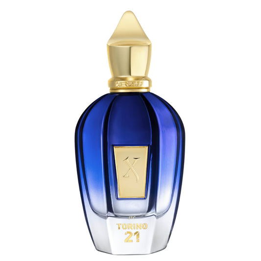 A perfume bottle with a blue to clear gradient and a golden cap, labeled 'TORINO 21'.